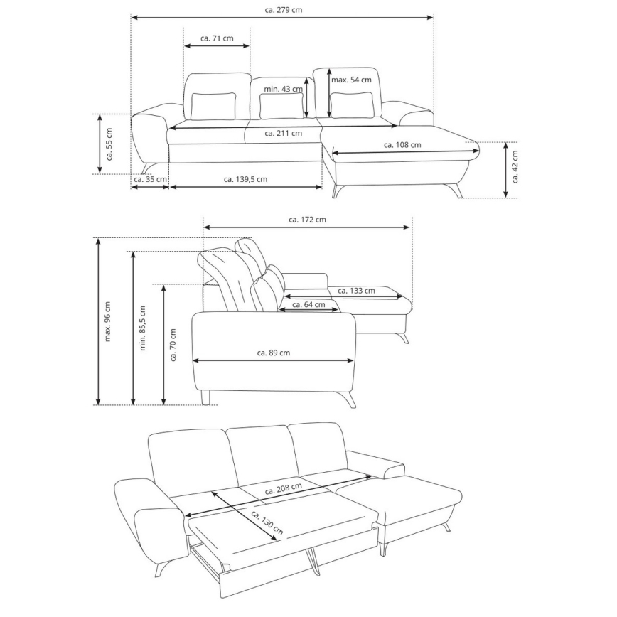 Canapé d'angle pliable rembourré en forme de L avec un espace de rangement ALTA gauche vert