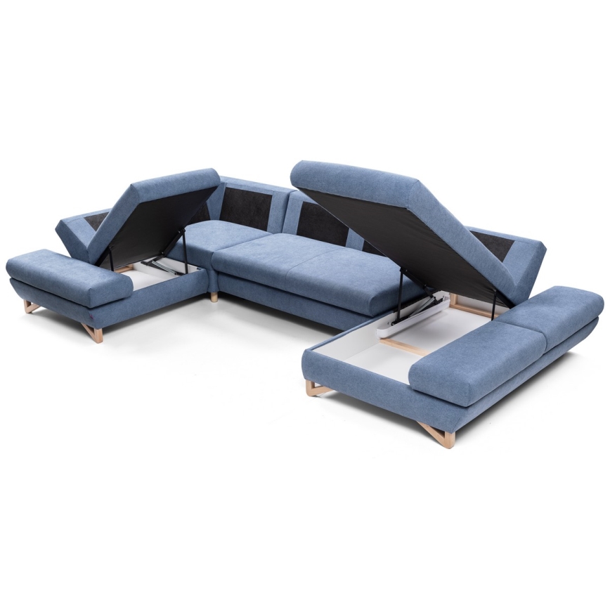 Canapé d'angle pliable rembourré en forme de U avec un espace de rangement AVESTA gauche bleu