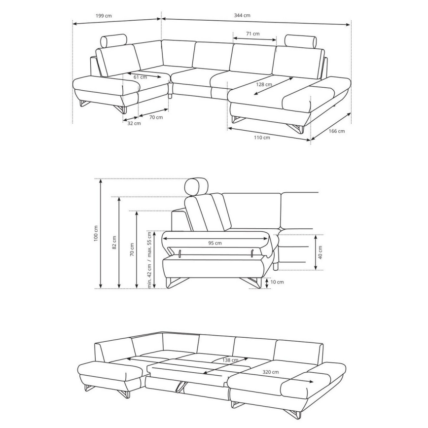 Canapé d'angle pliable rembourré en forme de U avec un espace de rangement AVESTA gauche bleu
