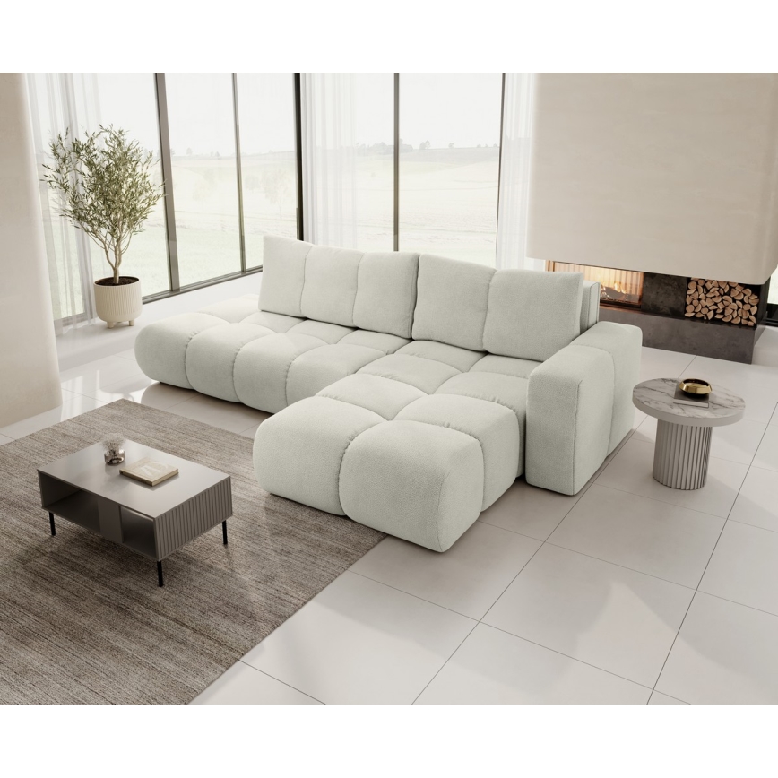 Canapé d'angle convertible en tissu avec rangement, forme en L ALMADA, côté droit, beige