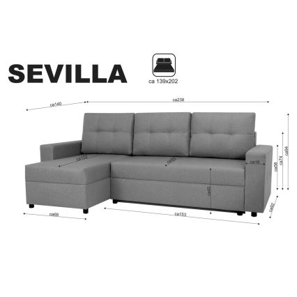 Canapé d'angle universel avec fonction couchage et espace de rangement SEVILLA anthracite