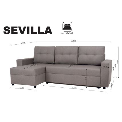 Canapé d'angle universel avec fonction couchage et espace de rangement SEVILLA gris
