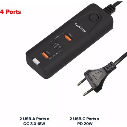 Canyon - Oplader 2xUSB A + 2xUSB C Power Delivery 20W