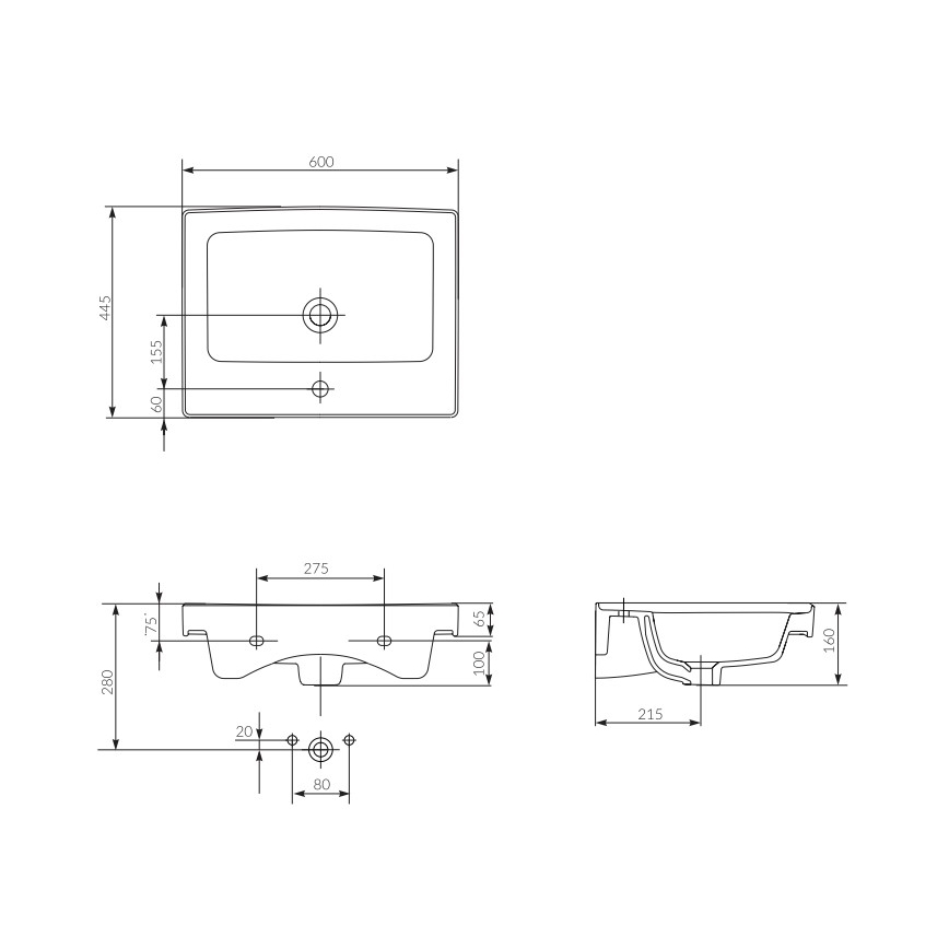 Cersanit K114-006 - Lavabo à encastrer CREA 44,5x60 cm céramique/blanc brillant