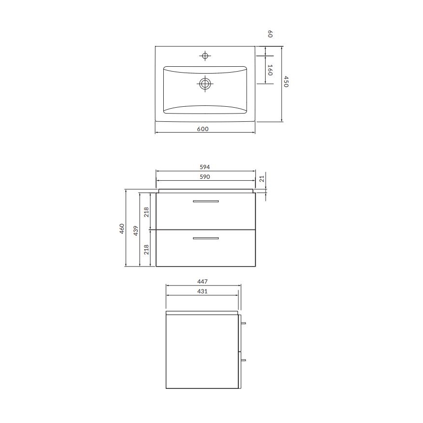 Cersanit S801-148-DSM - Meuble de salle de bains suspendu avec lavabo LARA 60 x 45 cm, finition noyer