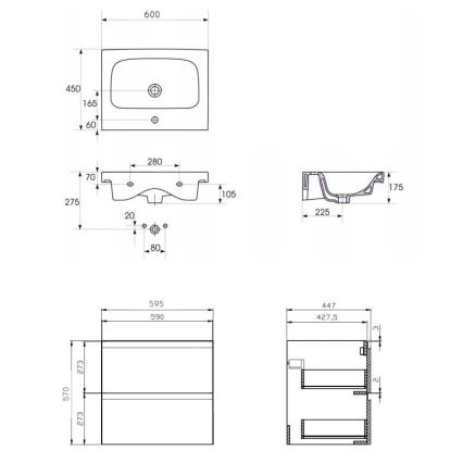 Cersanit S801-223-DSM - Hangende badkamerkast met wastafel MODUO 60x57x45 cm hoogglans wit
