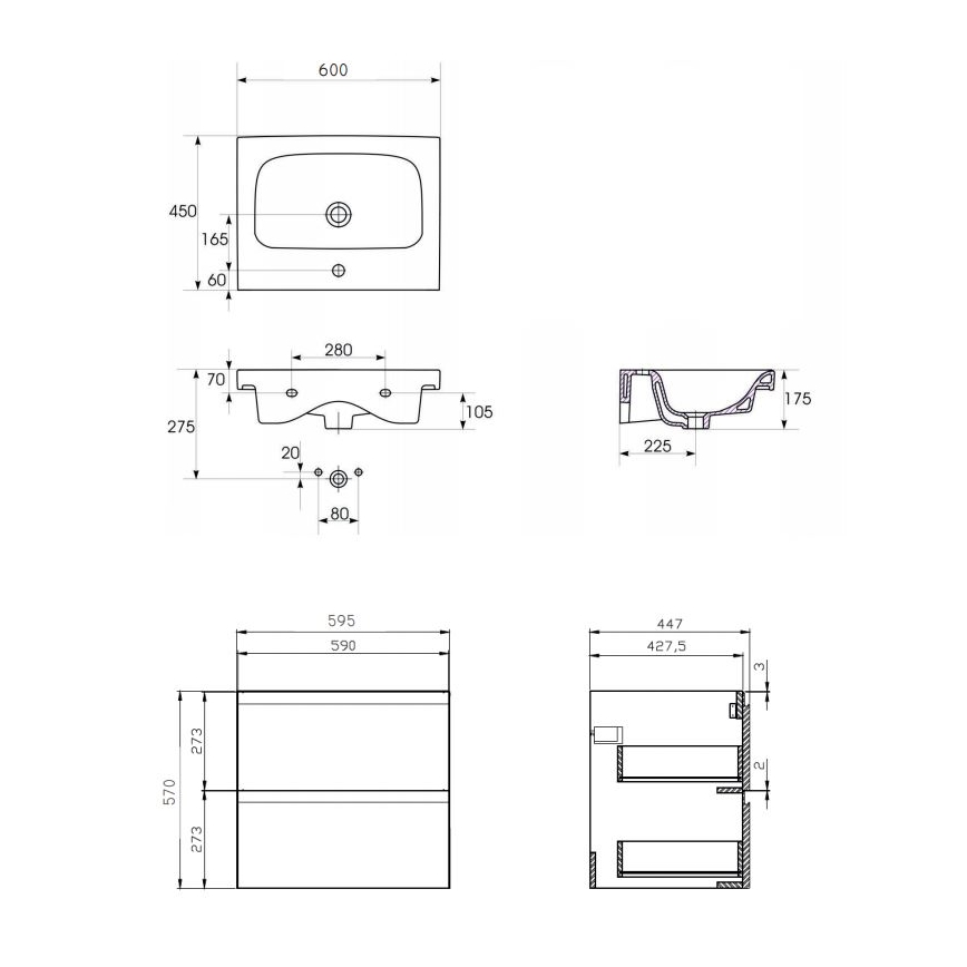 Cersanit S801-223-DSM - Meuble de salle de bains suspendu avec lavabo MODUO 60x45 cm blanc brillant