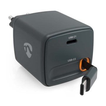 Chargeur à câble rétractable Power Delivery 30W, 2x USB-C, noir