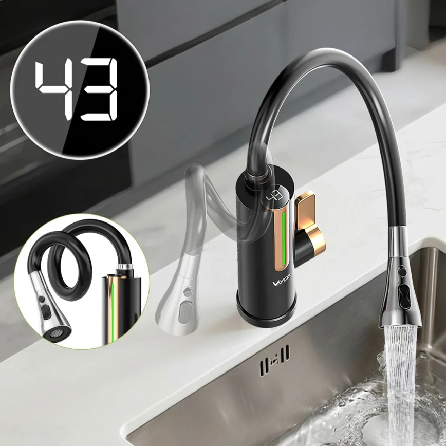Chauffe-eau instantané avec affichage LED 3000W/230V IPX4 noir/doré