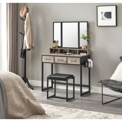 Coiffeuse avec tabouret 28,6x42 cm FLORA gris/noir