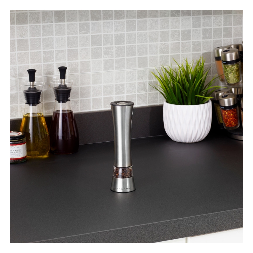 Cole&Mason - Elektrisch salt or pepper grinder BURFORD 4xAAA 18 cm mat chroom