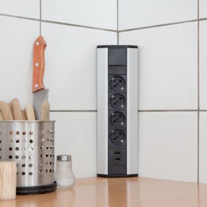 Colonne d'angle à prises 4x230V + 2xUSB-A noir/argenté