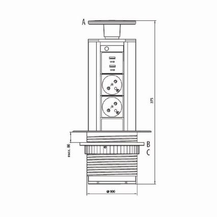 Colonne de prise de courant pour dessus de table 2x230V +USB-A 3,1A +UBS-C 15,5W 230V