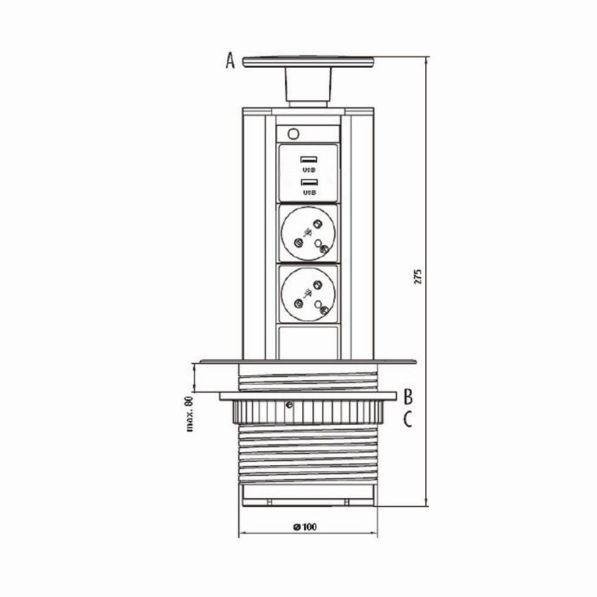 Colonne de prise de courant pour dessus de table 2x230V +USB-A 3,1A +UBS-C 15,5W 230V