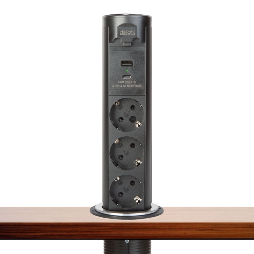Colonne de prises pour plateau de bureau 3x 230 V + USB-A + USB-C, noir