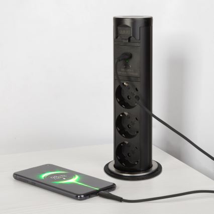 Colonne de prises pour plateau de bureau 3x 230 V + USB-A + USB-C, noir