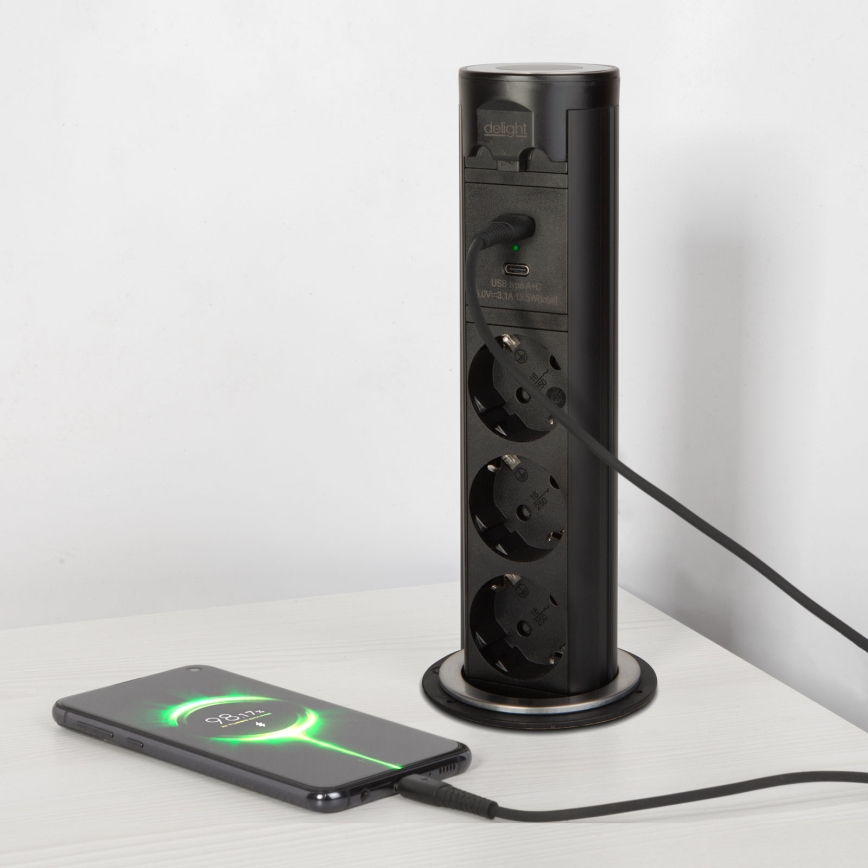 Colonne de prises pour plateau de bureau 3x 230 V + USB-A + USB-C, noir