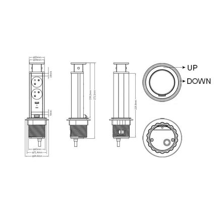 Colonne de prises pour plateau de table 2 x 230 V + USB-A + USB-C