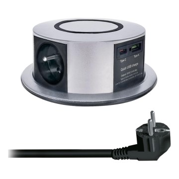 Colonne de prises pour table avec chargeur sans fil Qi 3x230V + 1xUSB-A + 1xUSB-C argent/noir