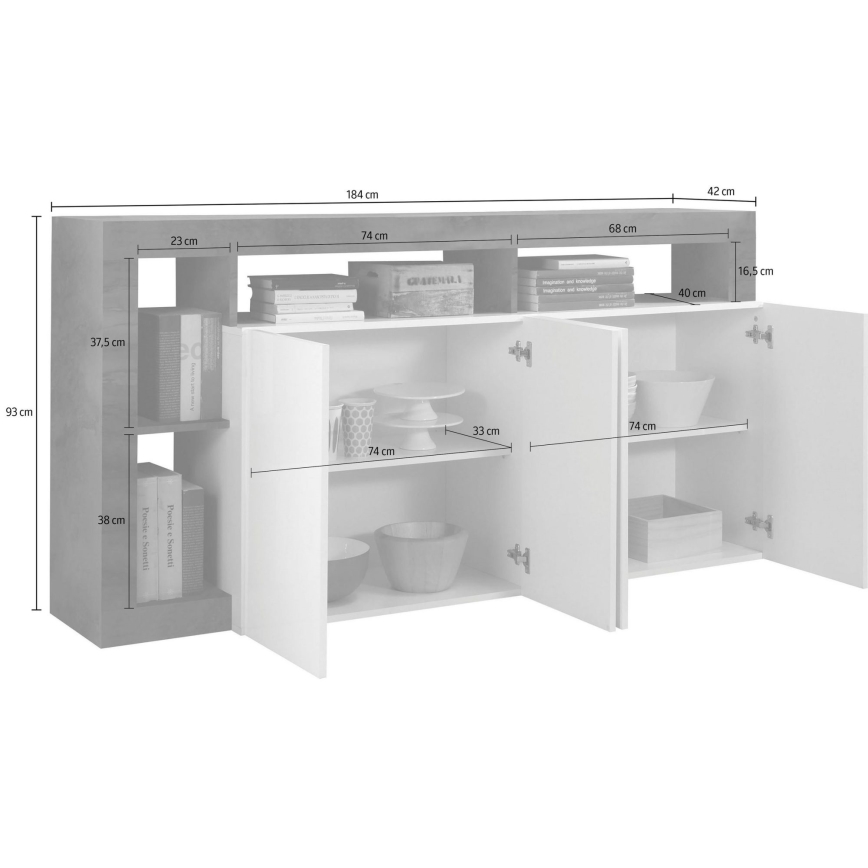 Commode LENOR 184 x 93 x 42 cm blanche/grise aspect béton