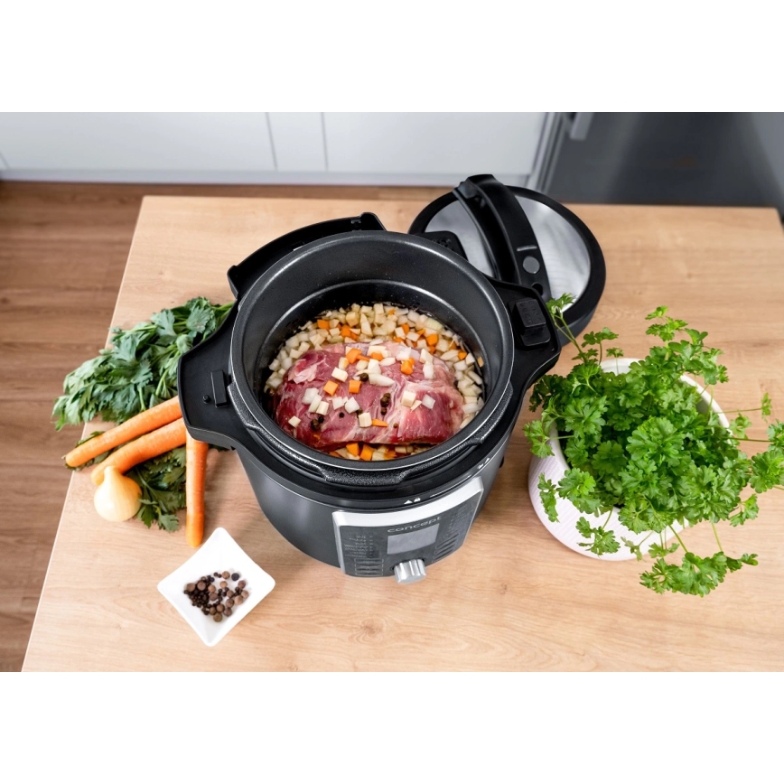 Concept CK8000 - Multifunctionele 11-in-1 elektrische snelkookpan met airfryerfunctie, 5,6 l, 1500 W/230 V, zwart