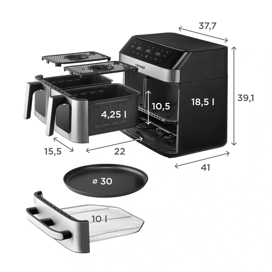 Concept FR9000 - Friteuse à air chaud PIZZA TRIO 18,5 l 2700 W/230 V inox/noir