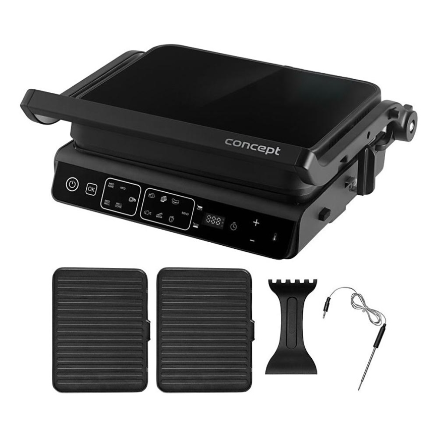 Concept ge3600 - Contactgrill met temperatuursonde GLASS 2000W/230V zwart