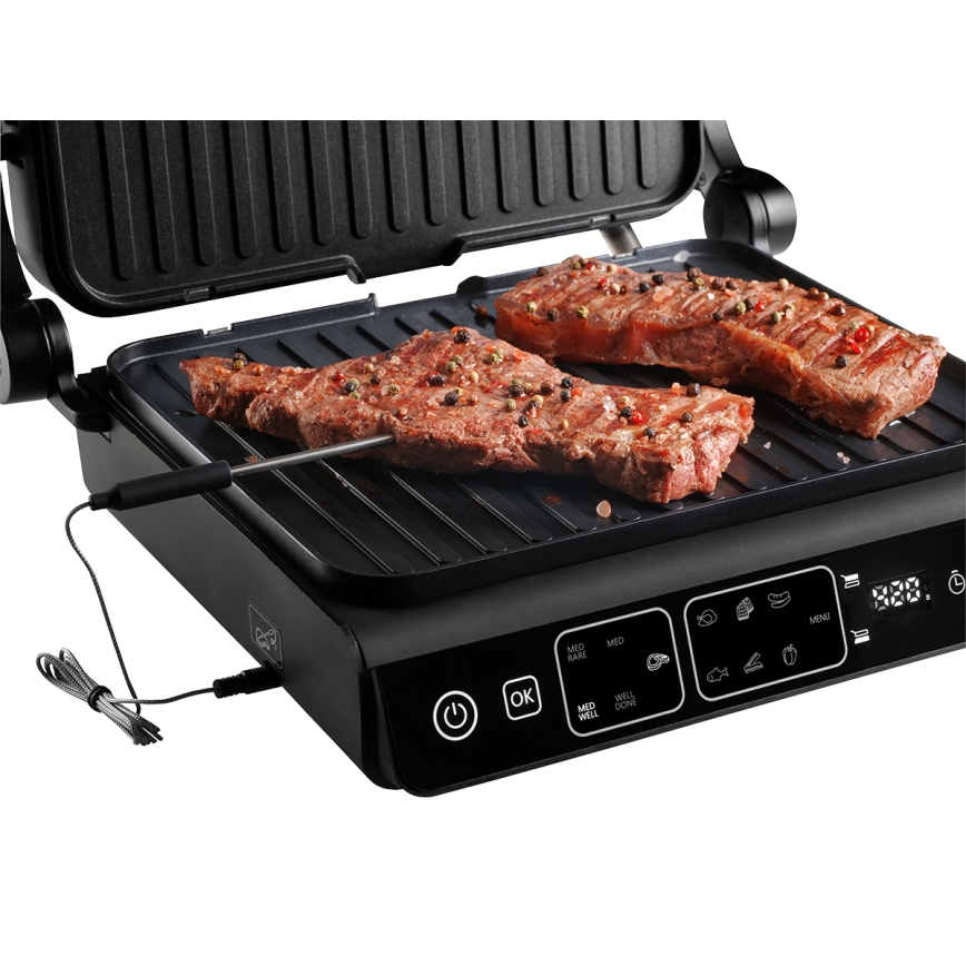 Concept ge3600 - Contactgrill met temperatuursonde GLASS 2000W/230V zwart