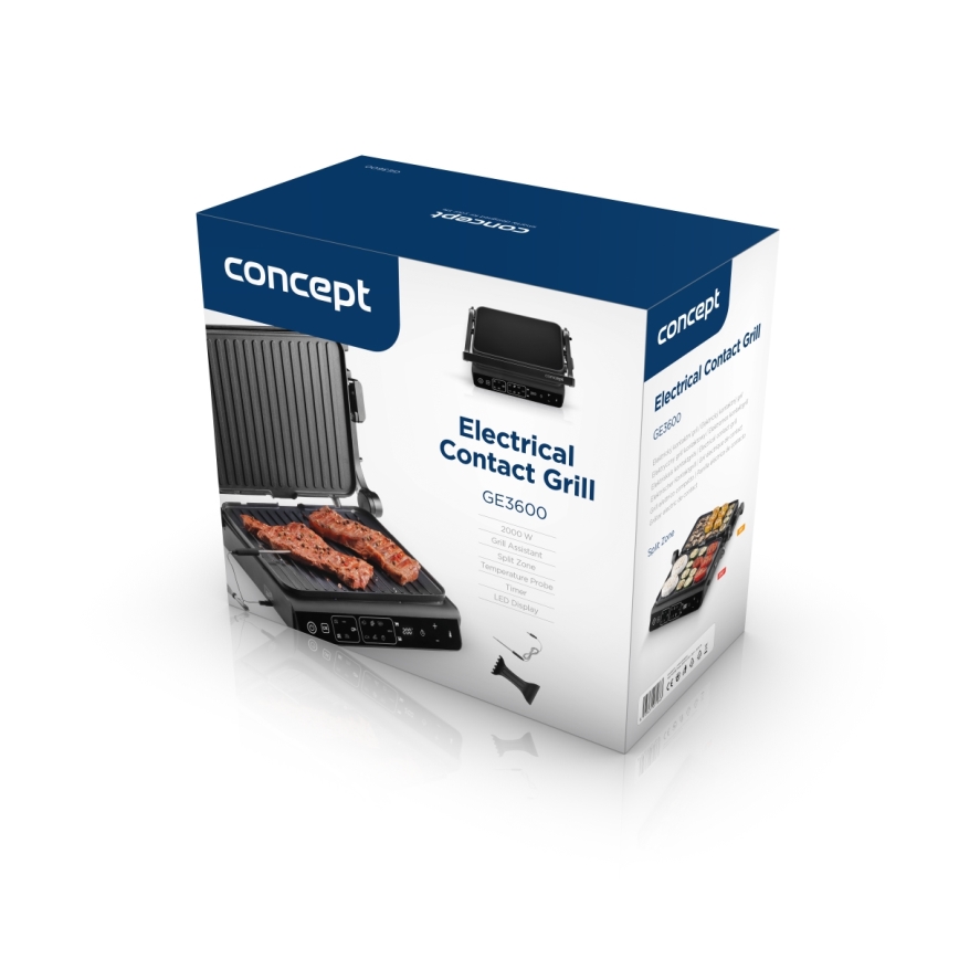 Concept ge3600 - Contactgrill met temperatuursonde GLASS 2000W/230V zwart
