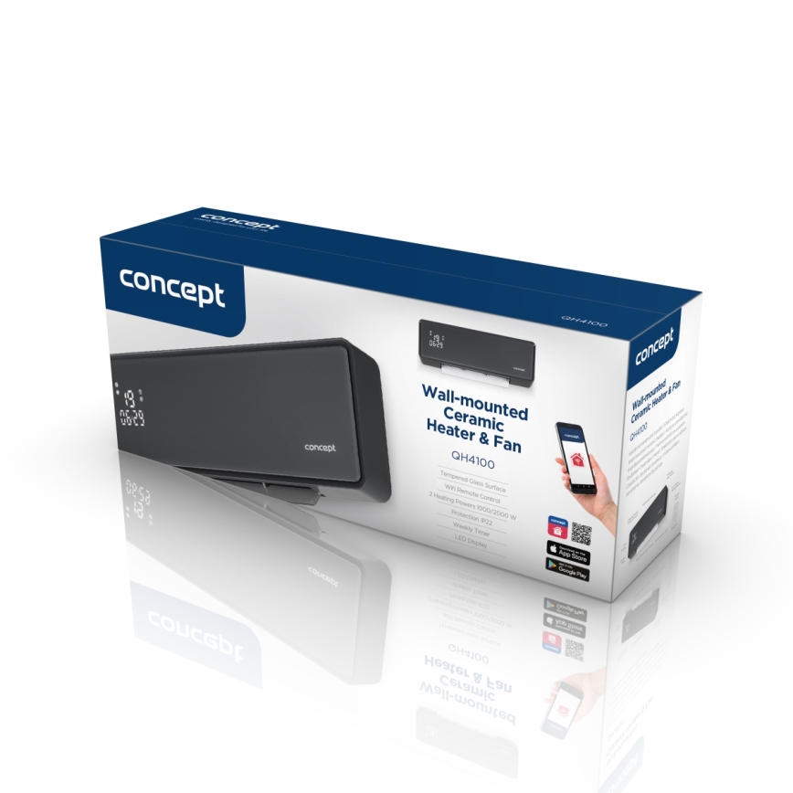 Concept QH4100 - Chauffage électrique 1000/2000 W Wi-Fi IP22 gris + télécommande