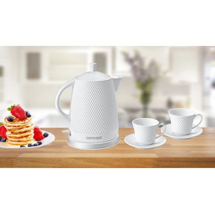 Concept RK0040 - Bouilloire électrique 1,5 l 1500 W/230 V blanche/céramique + 2 tasses avec sous-tasses