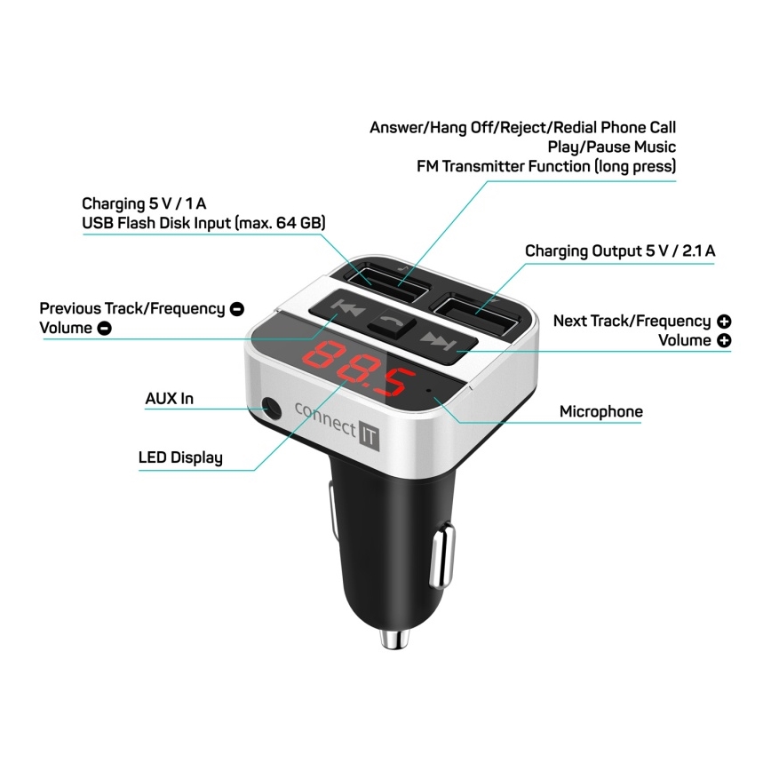 CONNECT IT CCC-8800-SL - FM-zender voor in de auto met handsfree-functie zwart/zilver
