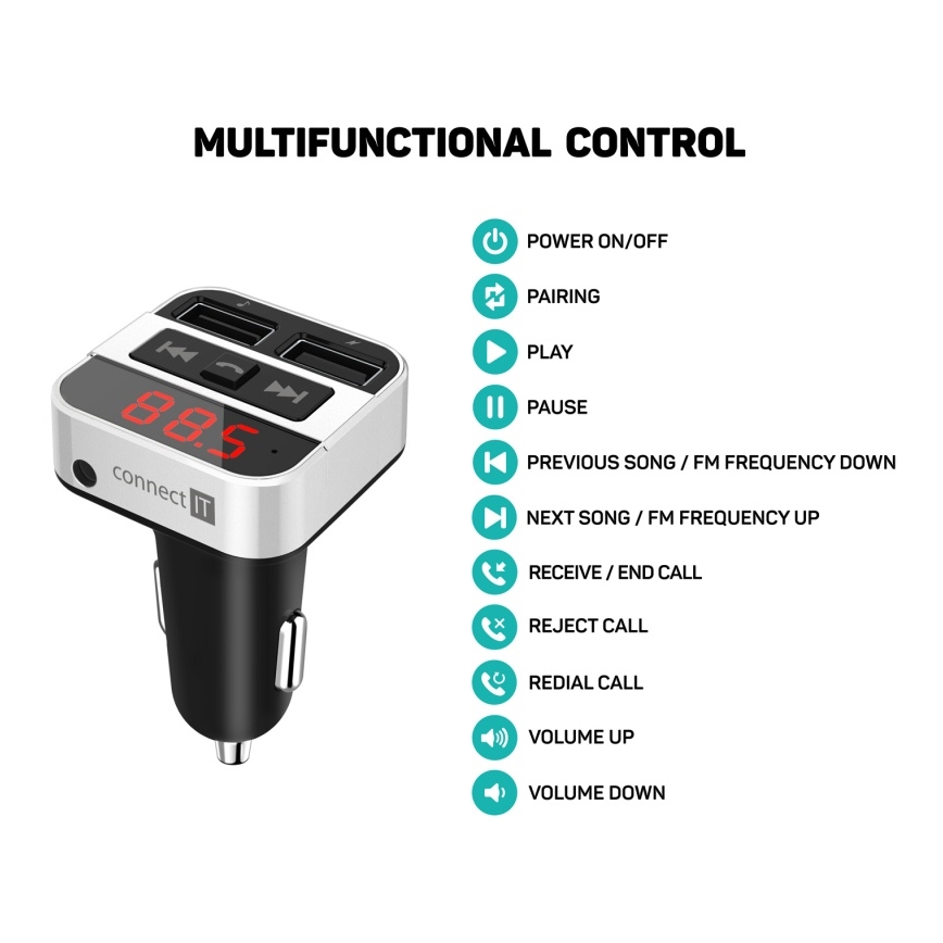CONNECT IT CCC-8800-SL - FM-zender voor in de auto met handsfree-functie zwart/zilver