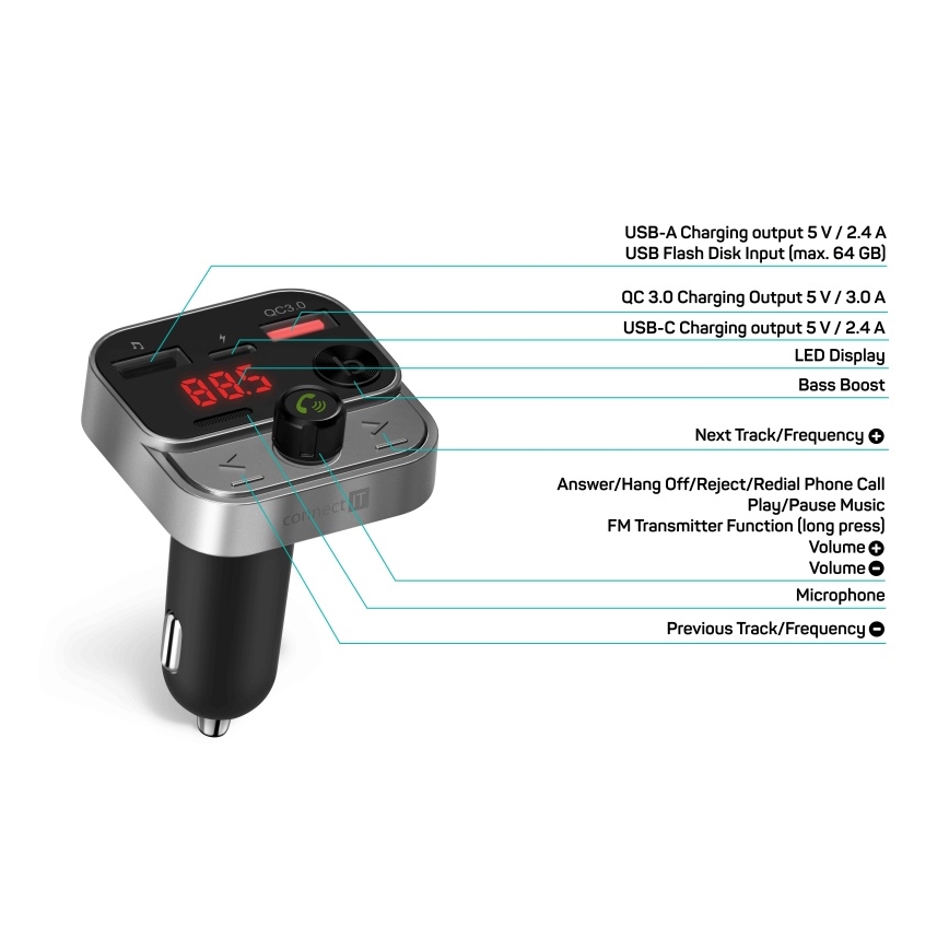 CONNECT IT CCC-8900-AN - FM-zender voor in de auto met handsfree-functie zwart/zilver