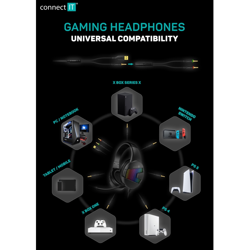 CONNECT IT CHP-3595-WH - LED RGB Bedrade gaming-koptelefoons met een microfoon wit/zwart