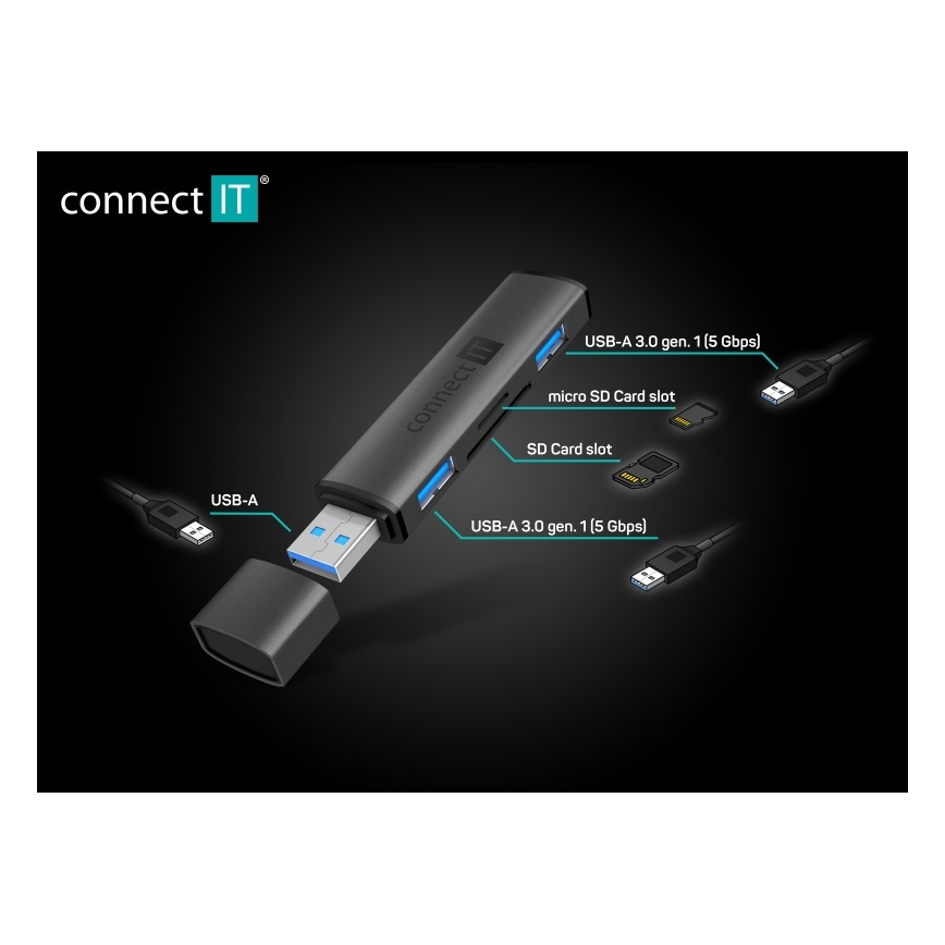 CONNECT IT CHU-4060-AN - USB-A hub met geheugenkaartlezer 4in1