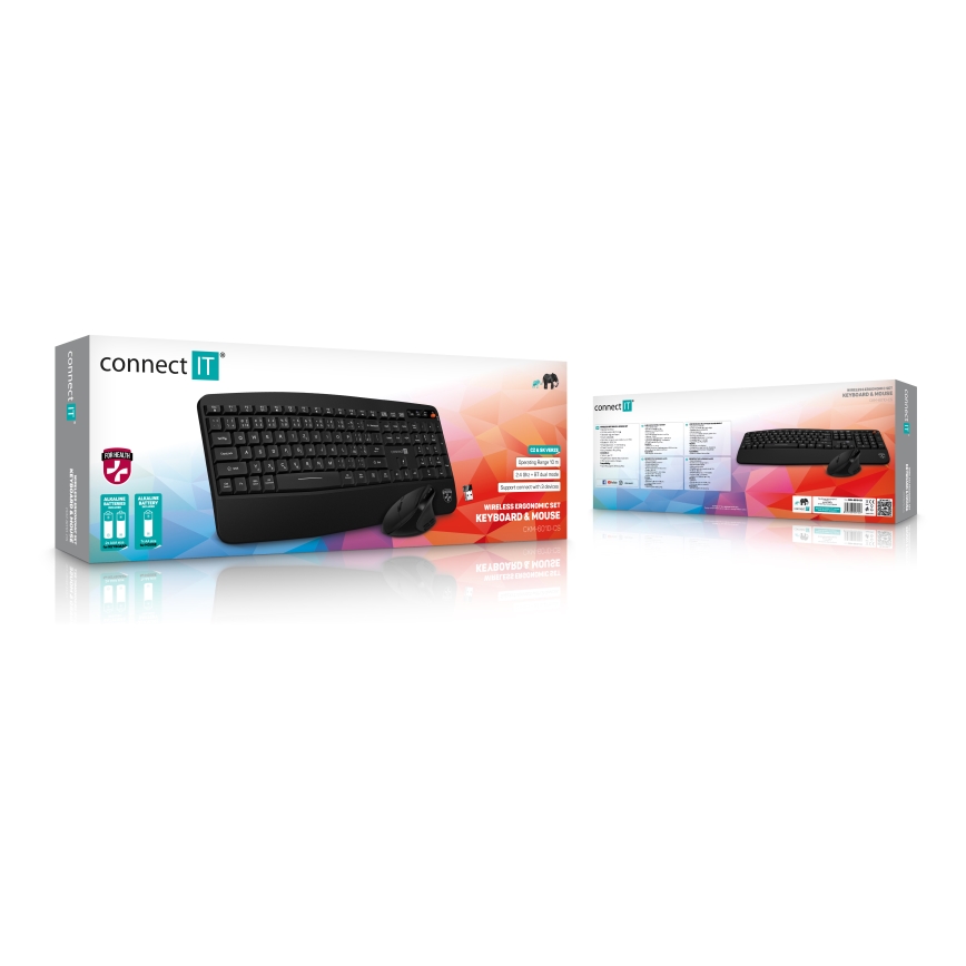 CONNECT IT CKM-6010-CS - Ergonomisch draadloos toetsenbord en muis 800/1200/1600/2400 DPI met CZ/SK-lokalisatie 1xAA + 2xAAA zwart
