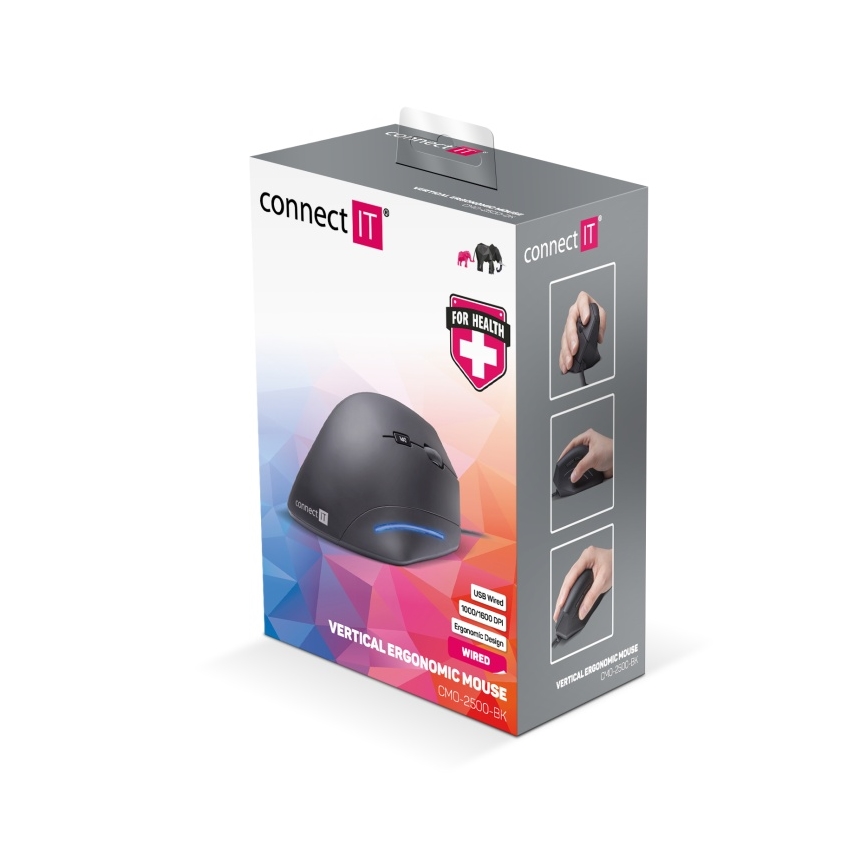 CONNECT IT CMO-2500-BK - Souris filaire ergonomique Verti Wire 1000/1600 DPI noire