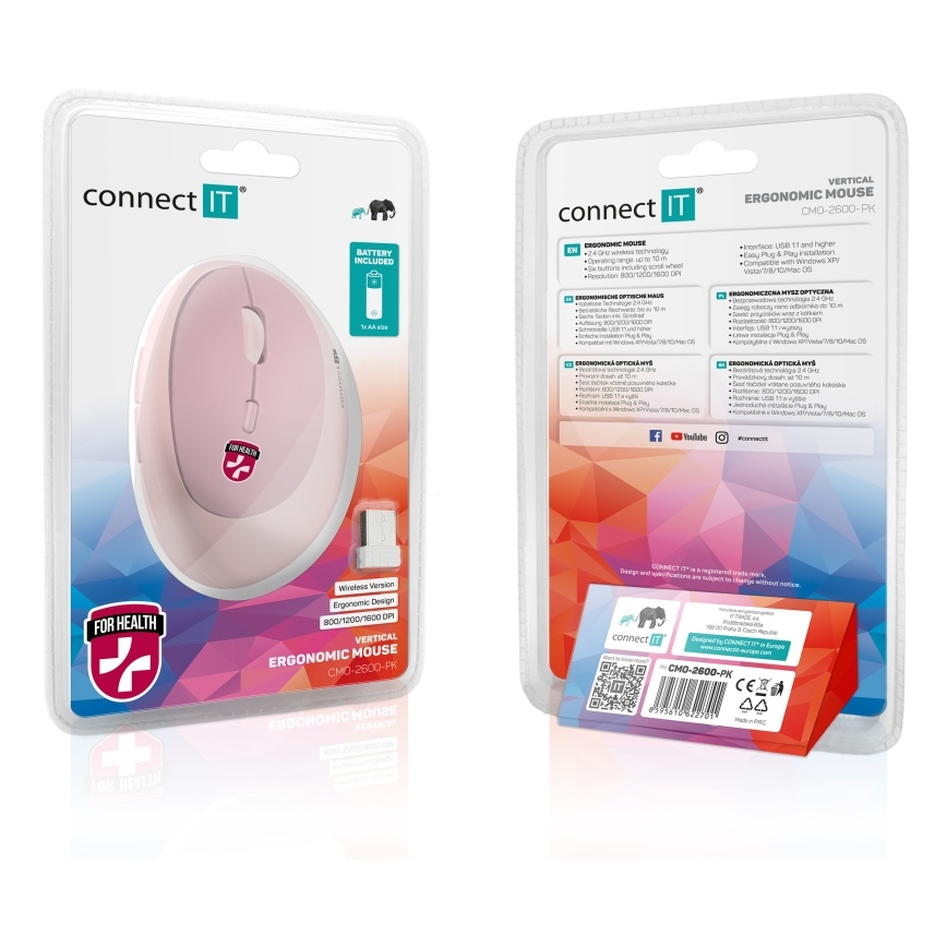 CONNECT IT CMO-2600-PK - Souris sans fil ergonomique 800/1200/1600 DPI, 1 pile AA, rose