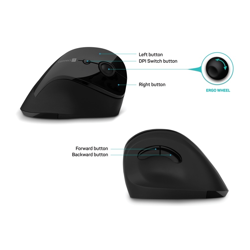 CONNECT IT CMO-2700-BK - Ergonomische draadloze muis 800/1200/1600 DPI 1xAA zwart