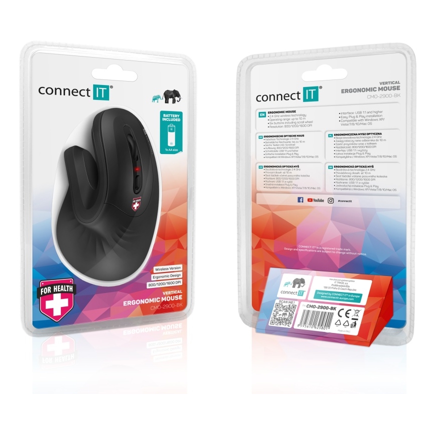 CONNECT IT CMO-2900-BK - Ergonomische draadloze muis 800/1200/1600 DPI 1xAA zwart
