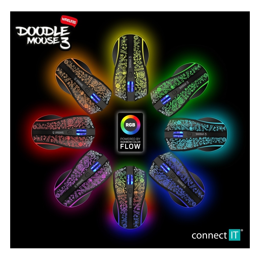 CONNECT IT CMO-3530-DD - LED RGB Draadloze oplaadbare gaming muis 800/1200/1600/2400/4800 DPI 600 mAh zwart