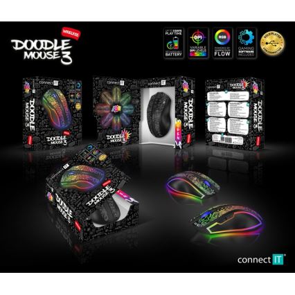 CONNECT IT CMO-3530-DD - LED RGB Draadloze oplaadbare gaming muis 800/1200/1600/2400/4800 DPI 600 mAh zwart