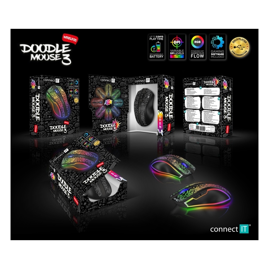 CONNECT IT CMO-3530-DD - LED RGB Draadloze oplaadbare gaming muis 800/1200/1600/2400/4800 DPI 600 mAh zwart
