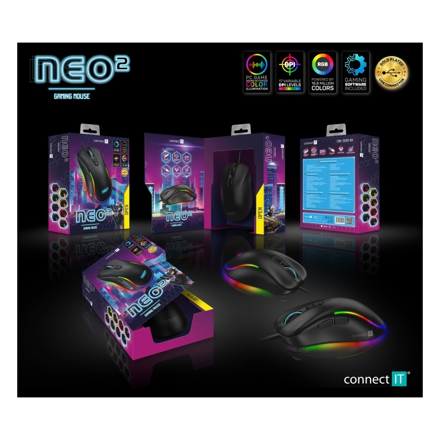 CONNECT IT CMO-3589-BK - LED RGB Bedrade gaming muis 200-7200 DPI zwart