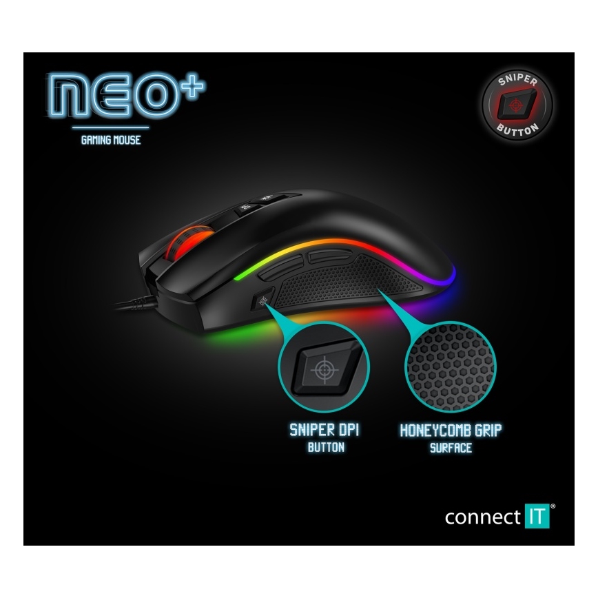 CONNECT IT CMO-3591-BK - LED RGB Bedrade gamingmuis 500-7200 DPI zwart