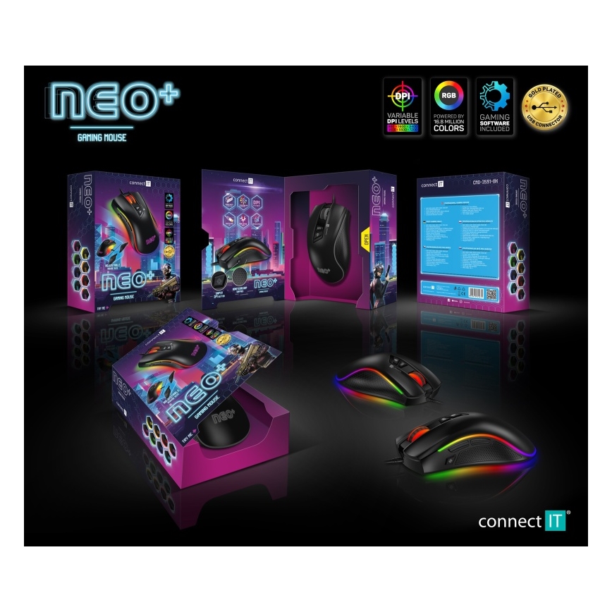 CONNECT IT CMO-3591-BK - LED RGB Bedrade gamingmuis 500-7200 DPI zwart