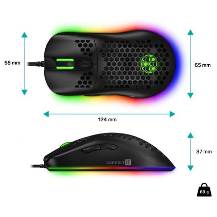 CONNECT IT CMO-5511-BK - LED RGB Bedrade gamingmuis 200-12800 DPI zwart