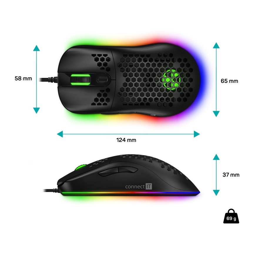 CONNECT IT CMO-5511-BK - LED RGB Bedrade gamingmuis 200-12800 DPI zwart