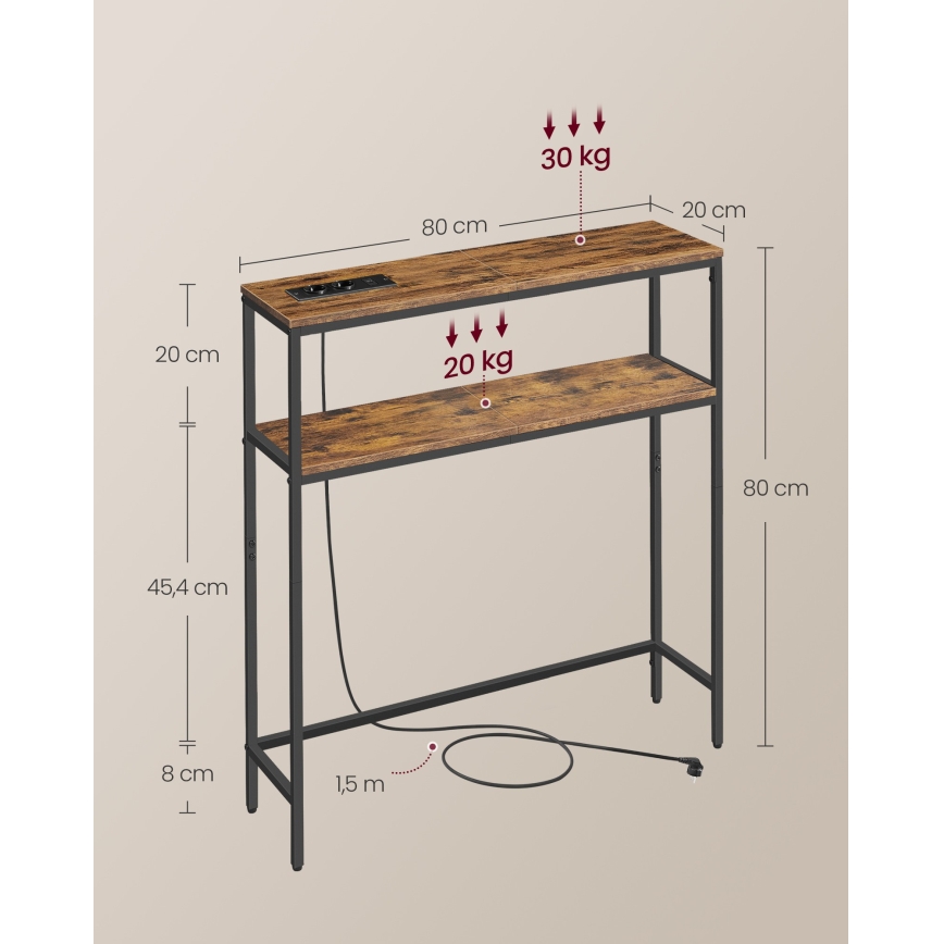 Consoletafel met geïntegreerde stopcontacten en USB-poorten LUVOR 80x20 cm bruin/zwart